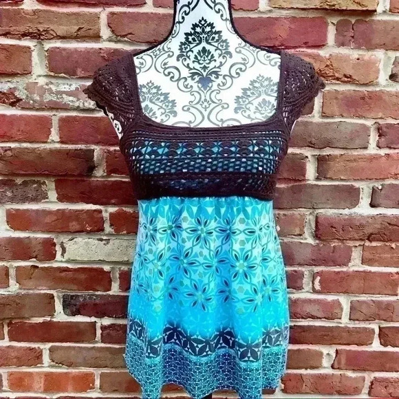 ENERGIE Crochet Rayon Babydoll Boho Hippie Cap Sleeve Flower Fit Flare Top SizeM - Picture 1 of 8